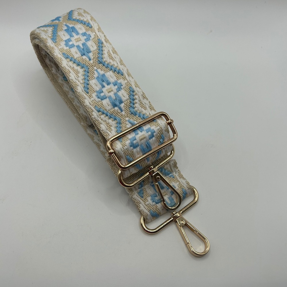 Boho Style‎ Crossbody Bag Strap Gold Tone Clasps Embroidered Blue Tan Wh